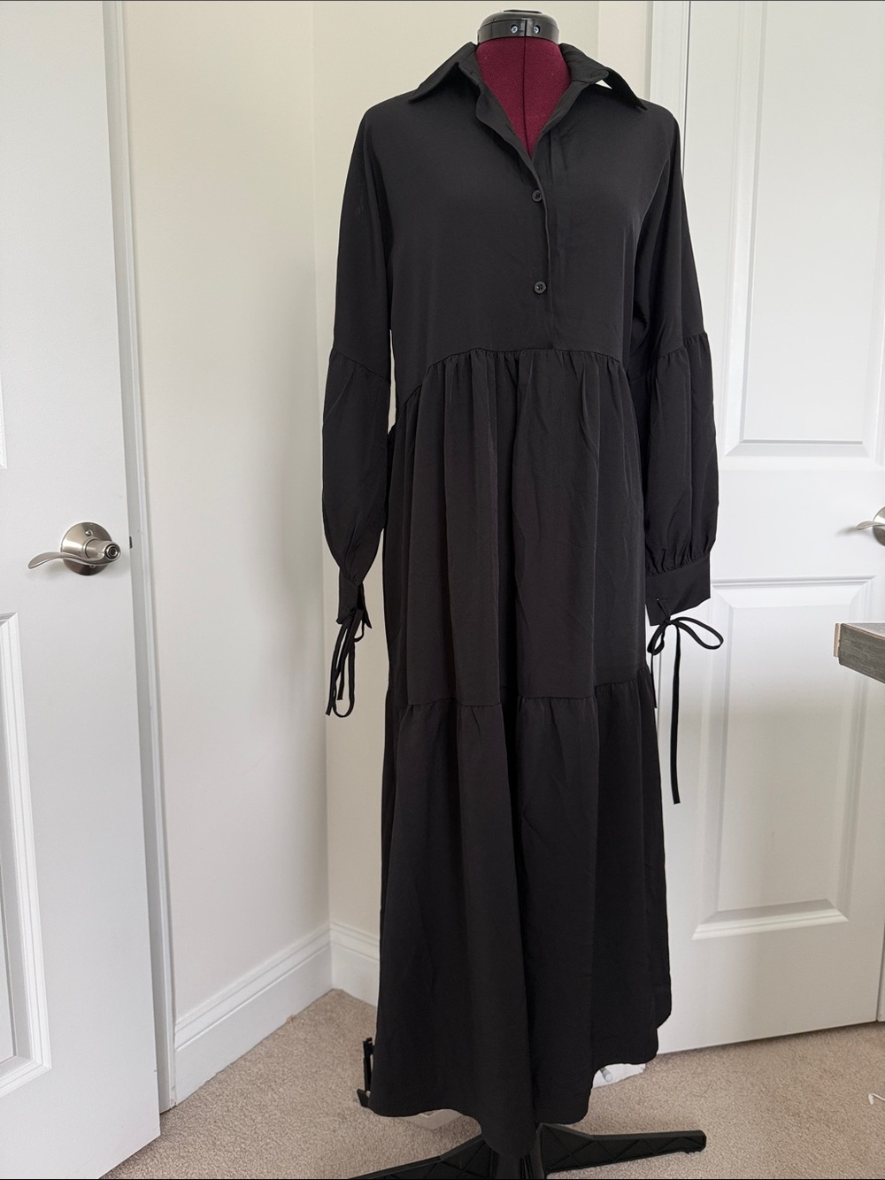 Black Tiered Long Sleeve Shirt Dress